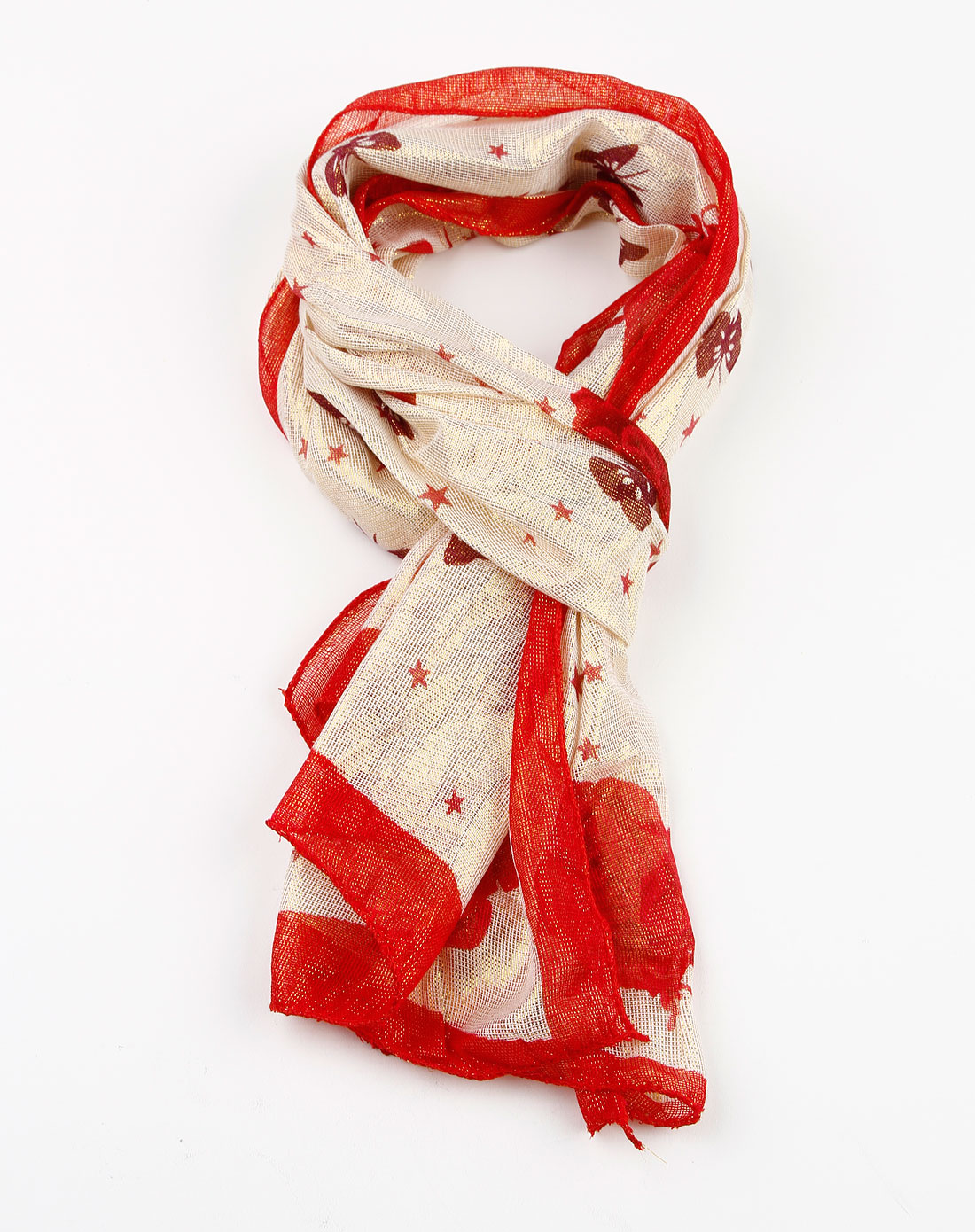 深红/米黄色印花复古围巾