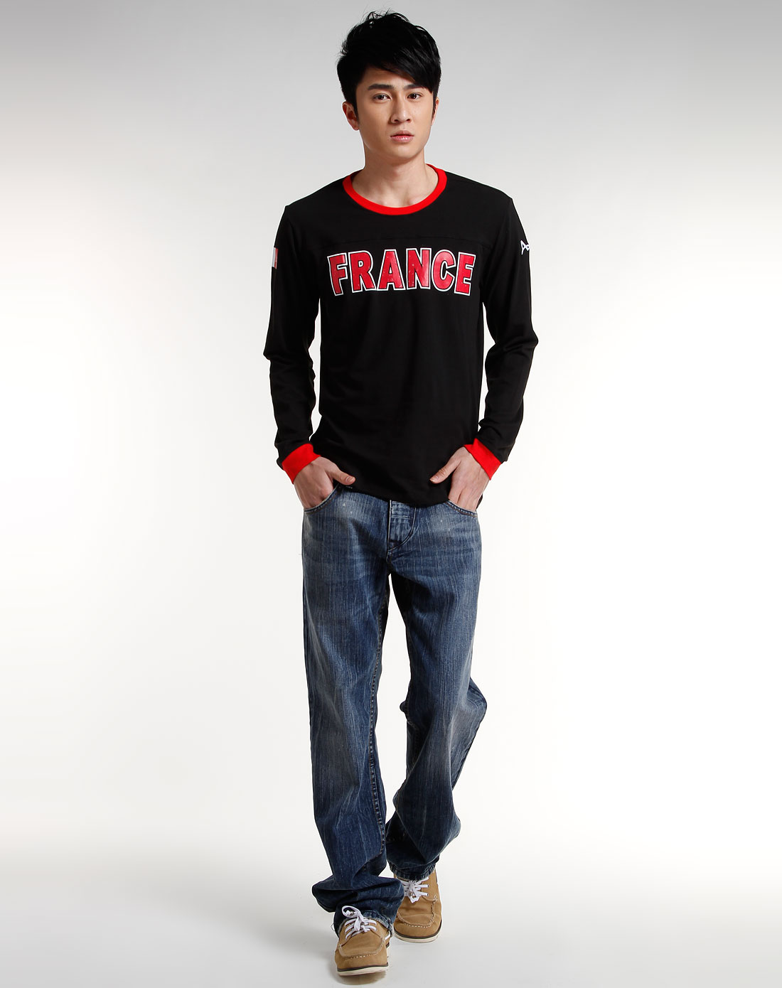 猫人miiow—男装专场黑/红白色印字时尚长袖t恤