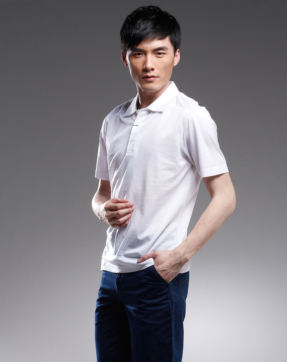 宾度j.benato白色翻领休闲短袖t恤