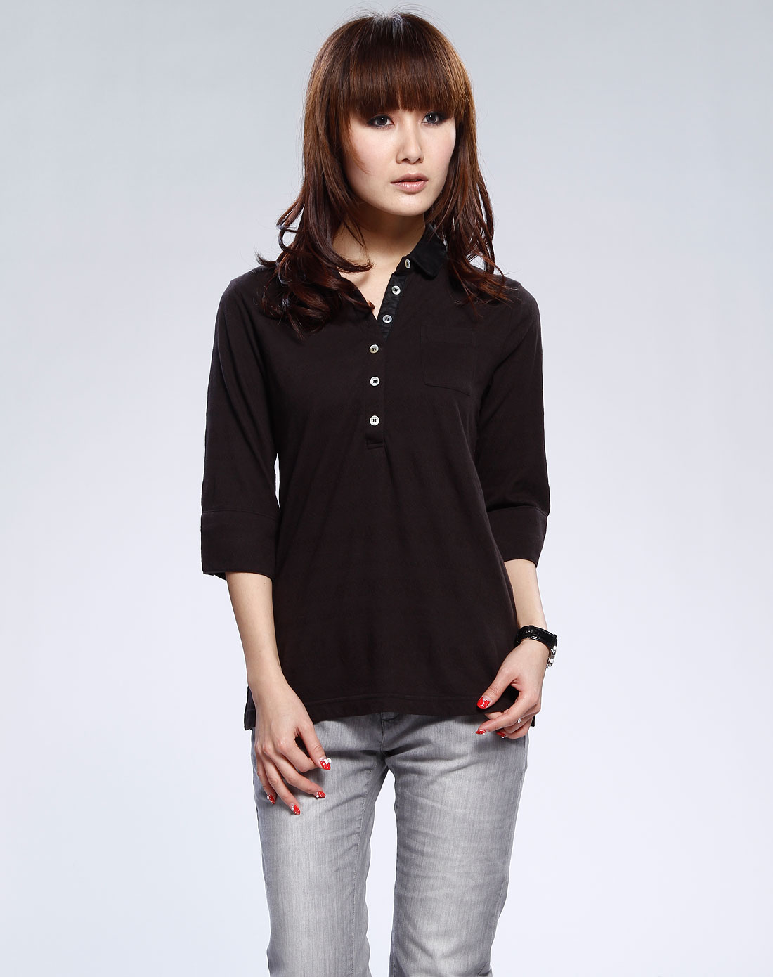 杰西伍jecci five服装黑色暗纹翻领七分袖上衣