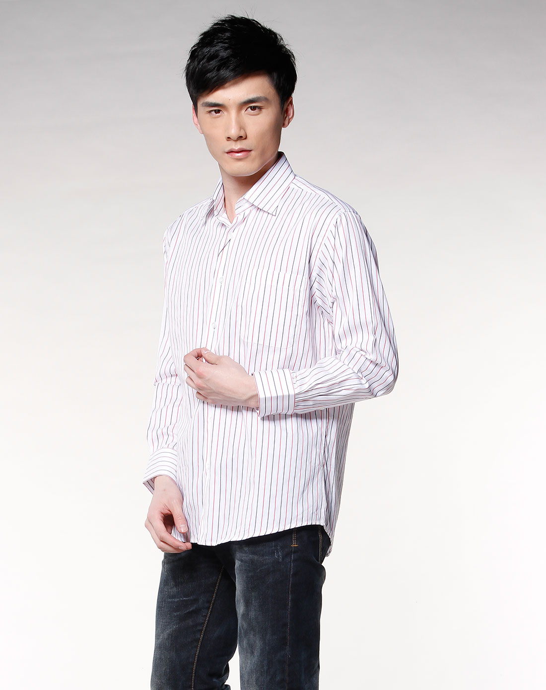 罗兰丹顿白色条纹长袖休闲衬衫