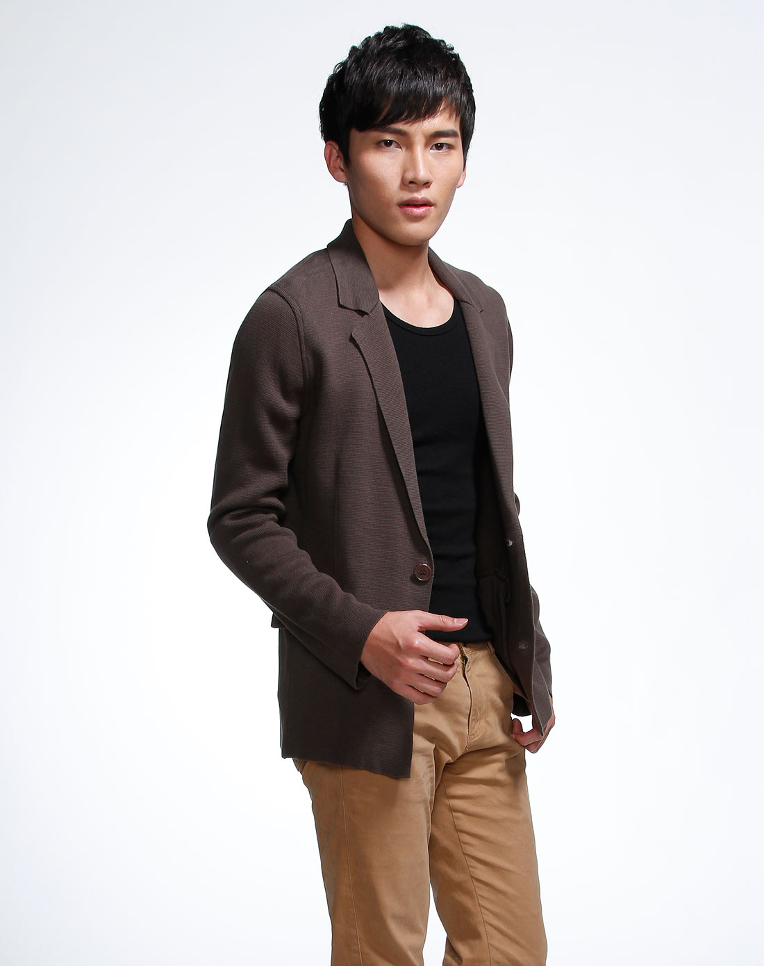 英国剑桥深卡其色时尚翻领长袖针织外套