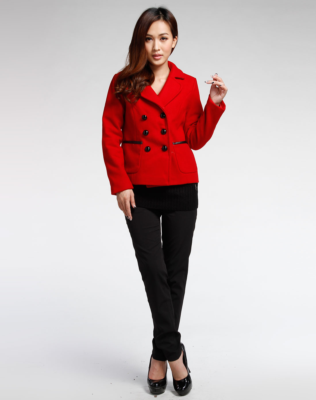 卡路·约翰carol&johns女装专场大红色翻领长袖外套
