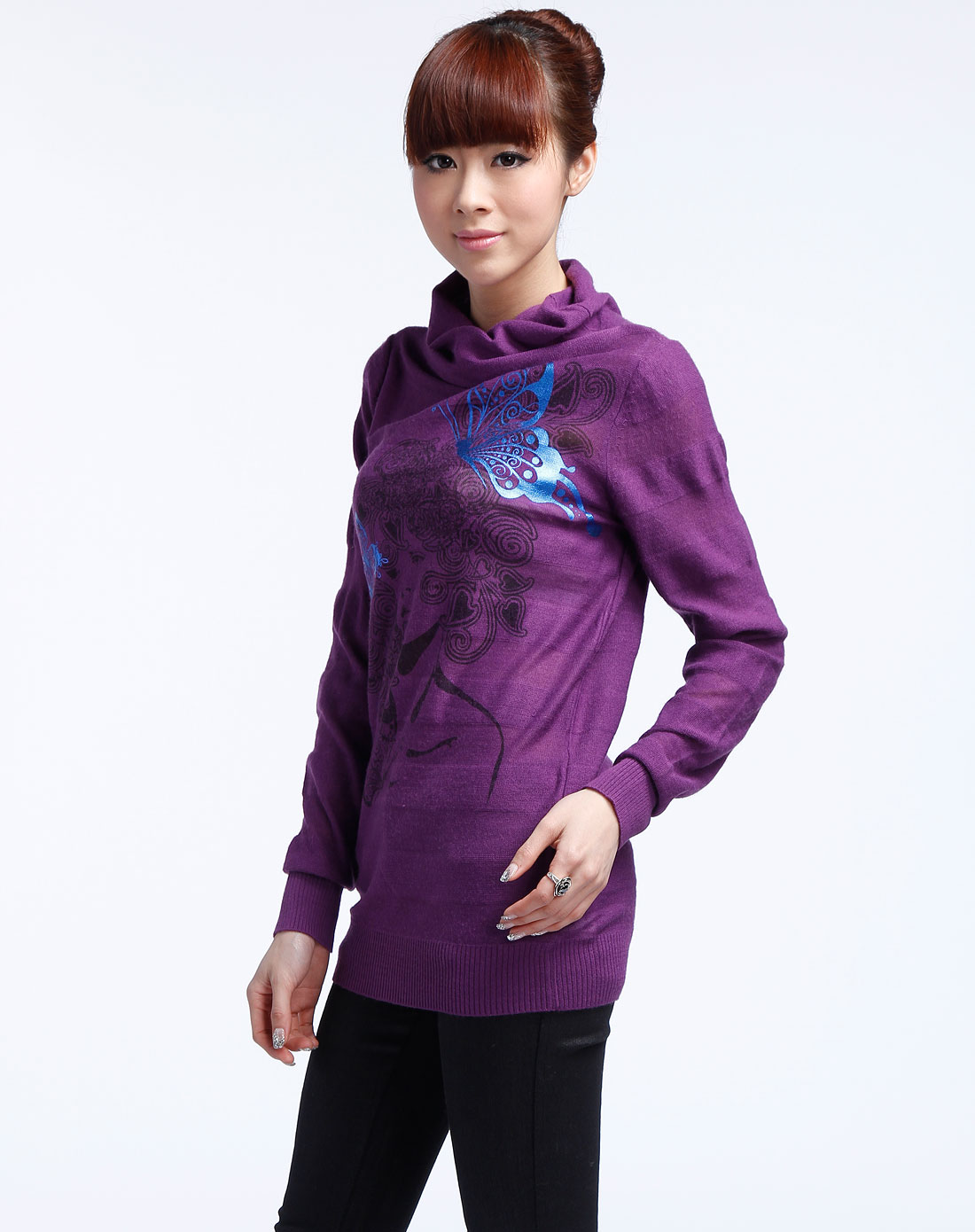 马克华菲女装专场深紫色印图女头像长袖针织上衣