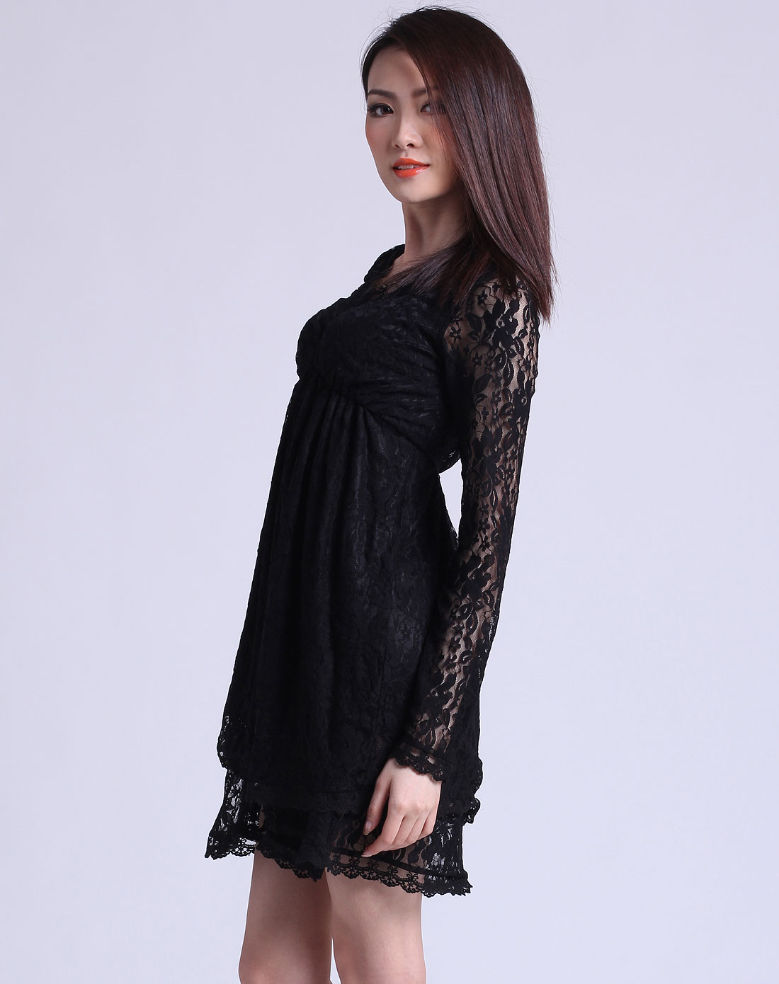 音曲entralady黑色蕾丝长袖连衣裙