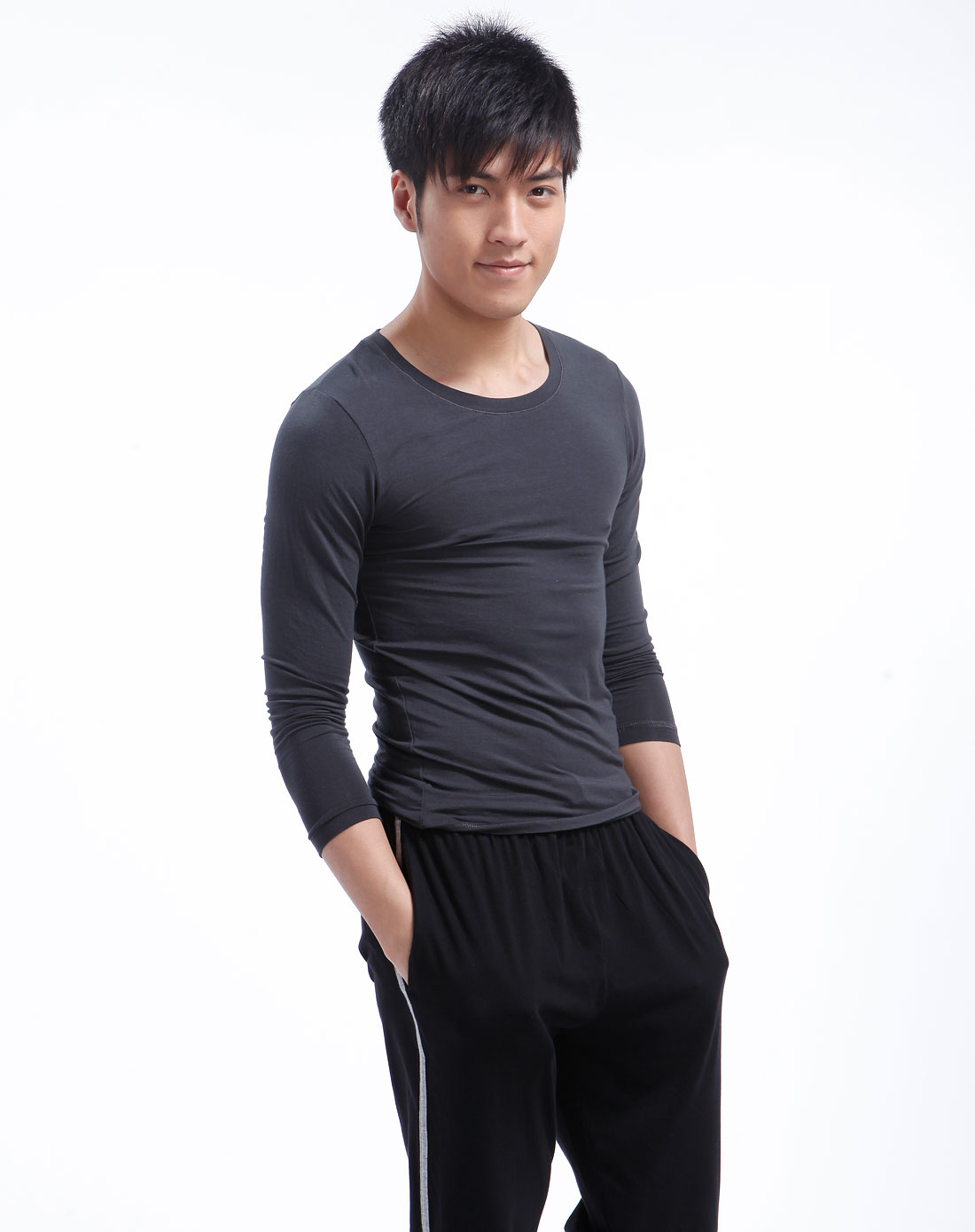 恒适hanes男款深灰色圆领长袖内衣