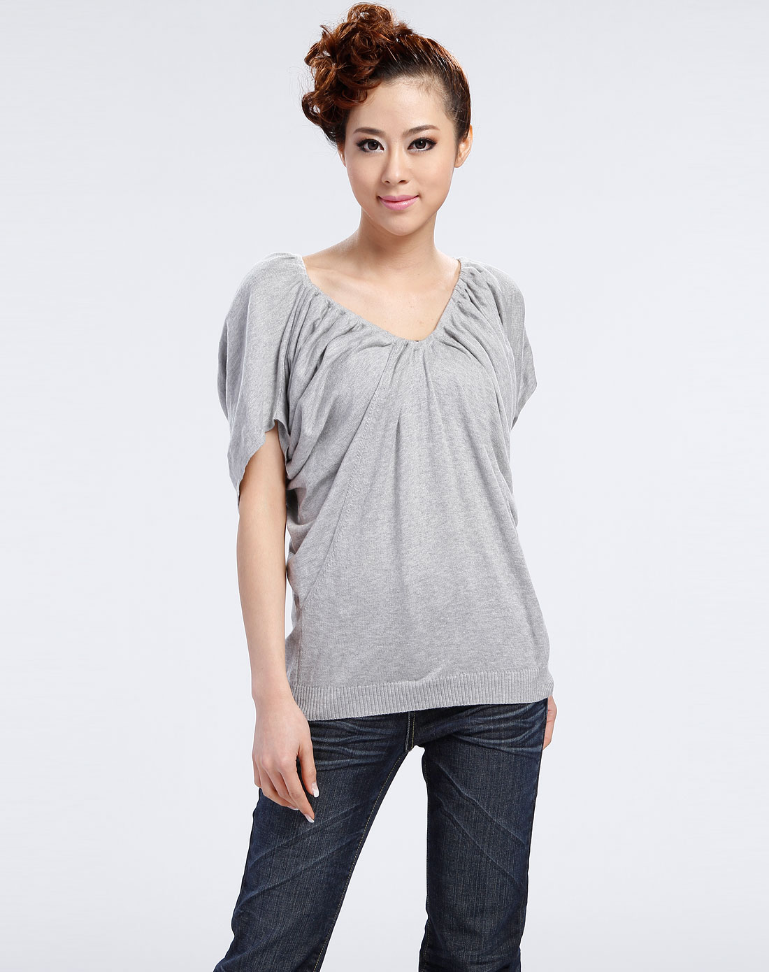 希思黎sisley灰白色露肩短袖上衣