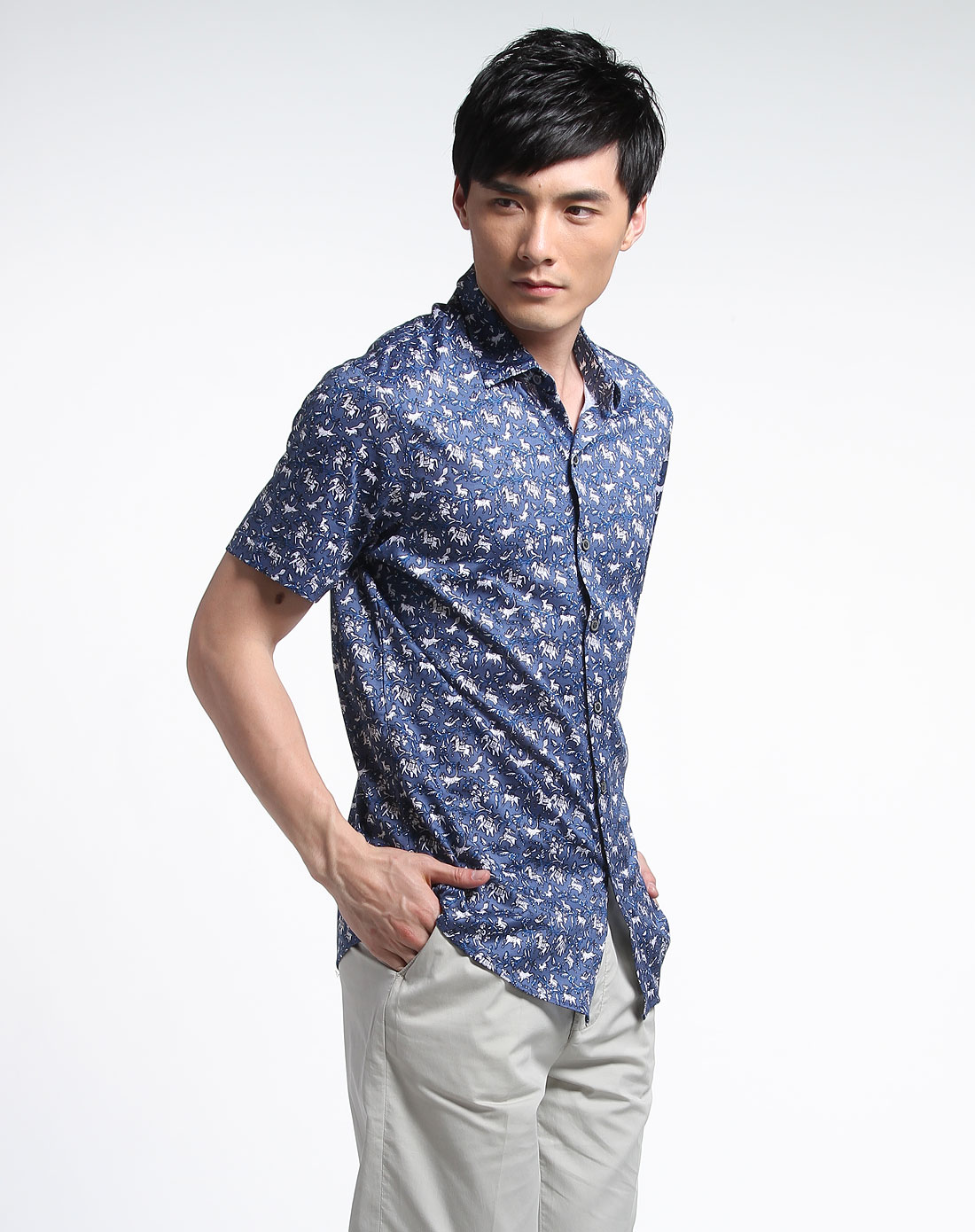 费列罗filiero男装专场男款时尚蓝色花卉印花短袖衬衫