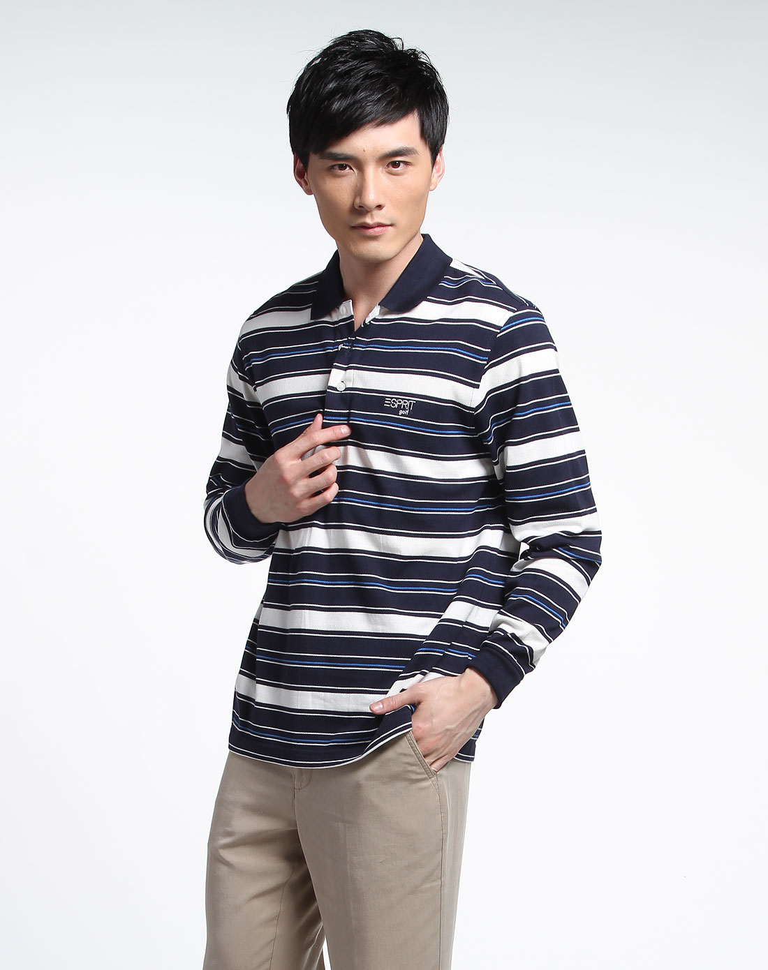 esprit golf男装专场深蓝色横间时尚高尔夫纯棉长袖t恤