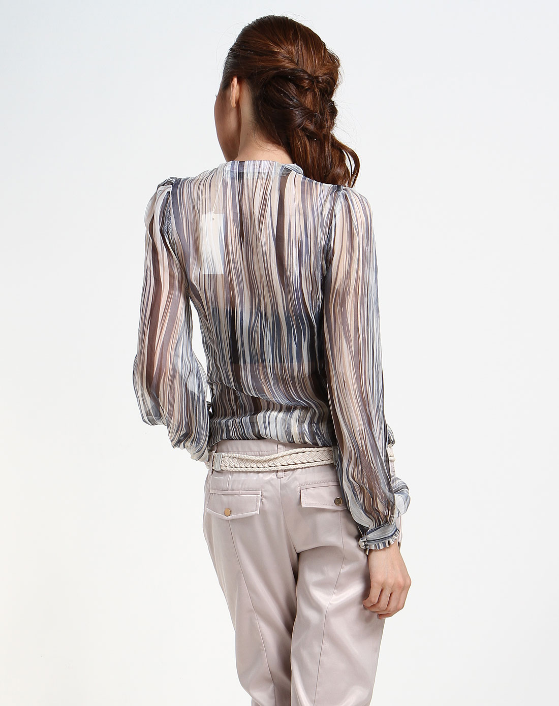 楚黛儿trustyle女装专场墨蓝/灰色条纹连体长袖衬衫