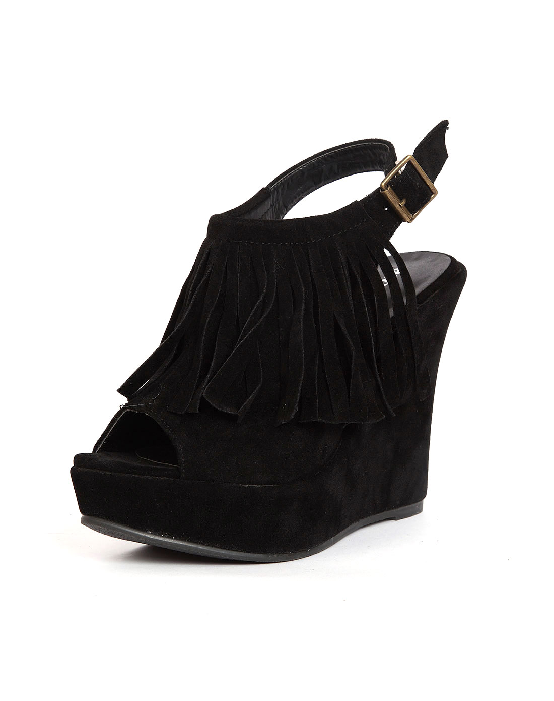 pinkyrose女鞋专场女款黑色流苏坡跟凉鞋