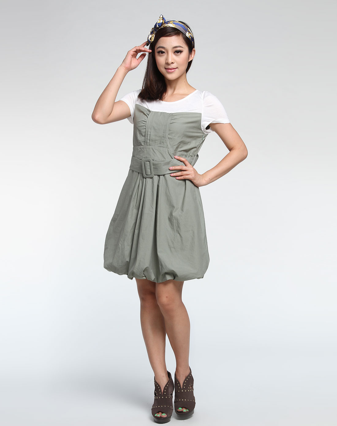 杰西jessie女装专场绿色简约短袖连衣裙