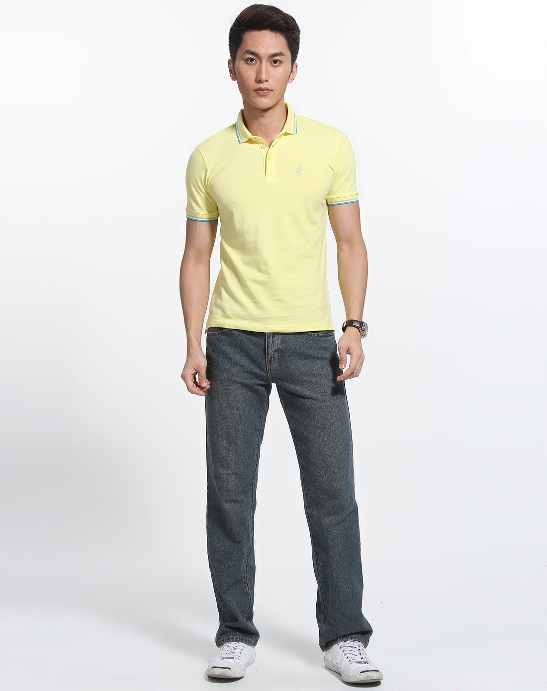 堡狮龙bossini-男装专场柠檬黄色简约针织翻领短袖上衣