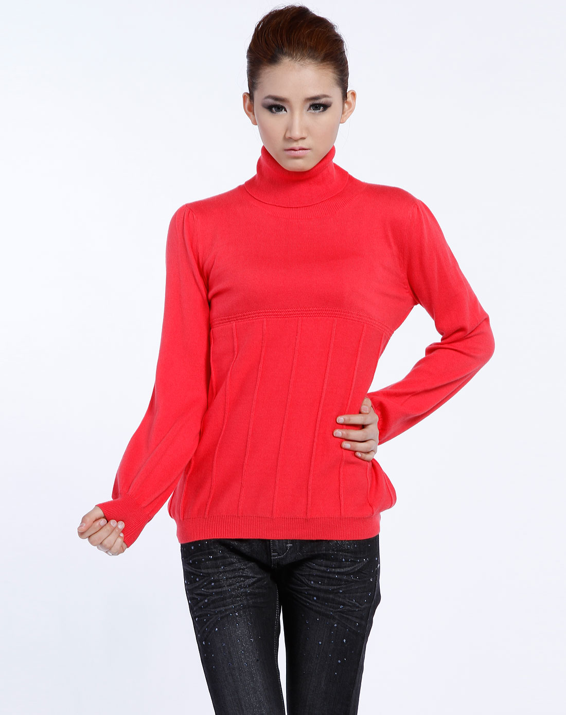 百图betu桃红色高领长袖毛衣