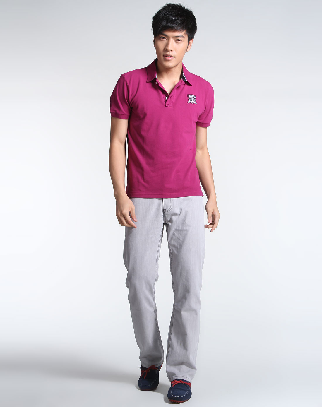 皮尔·卡丹pierre cardin-男装专场男款玫红色休闲翻领短袖t恤
