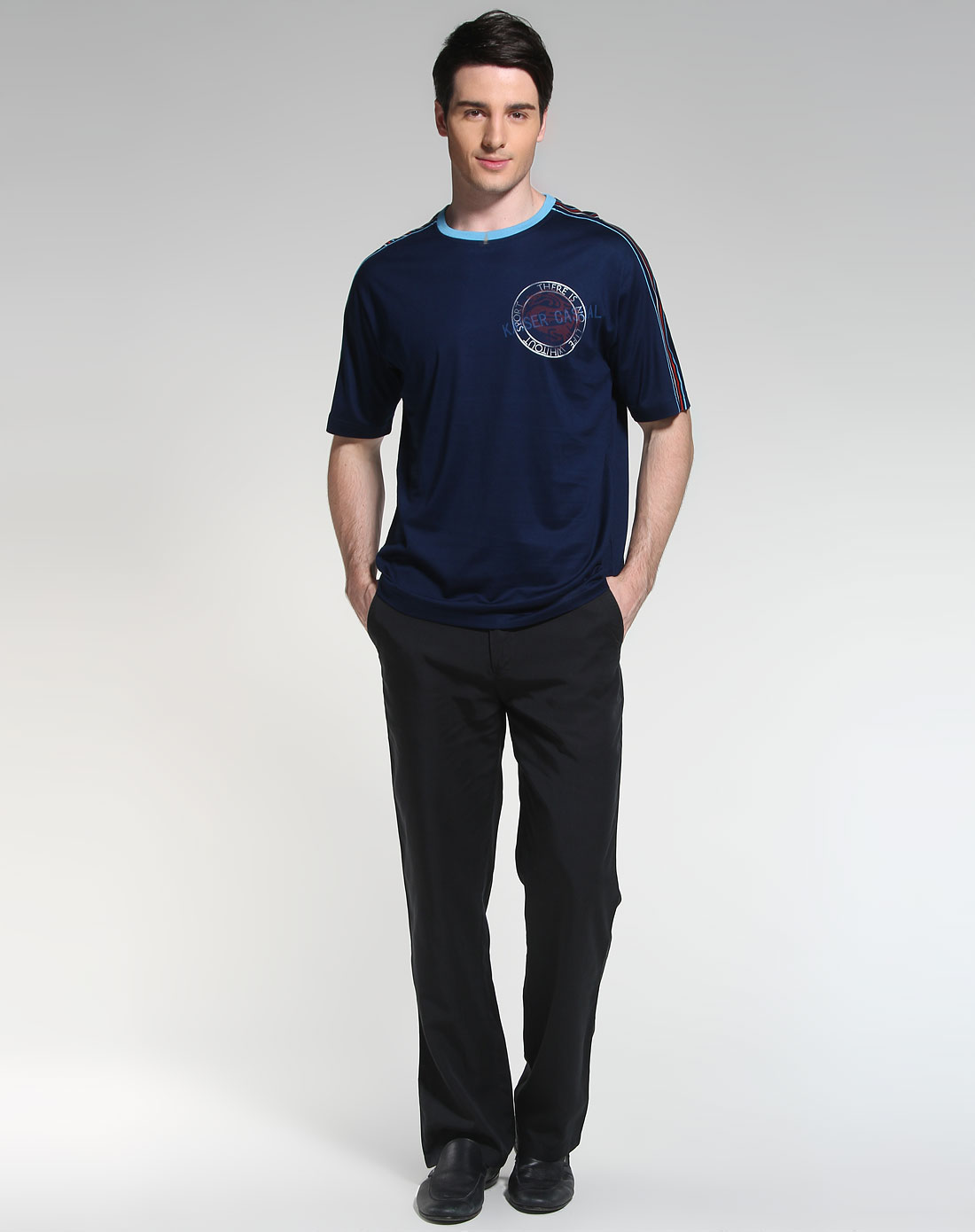 凯撒kaiser男装专场宝蓝色时尚圆领印图短袖t恤