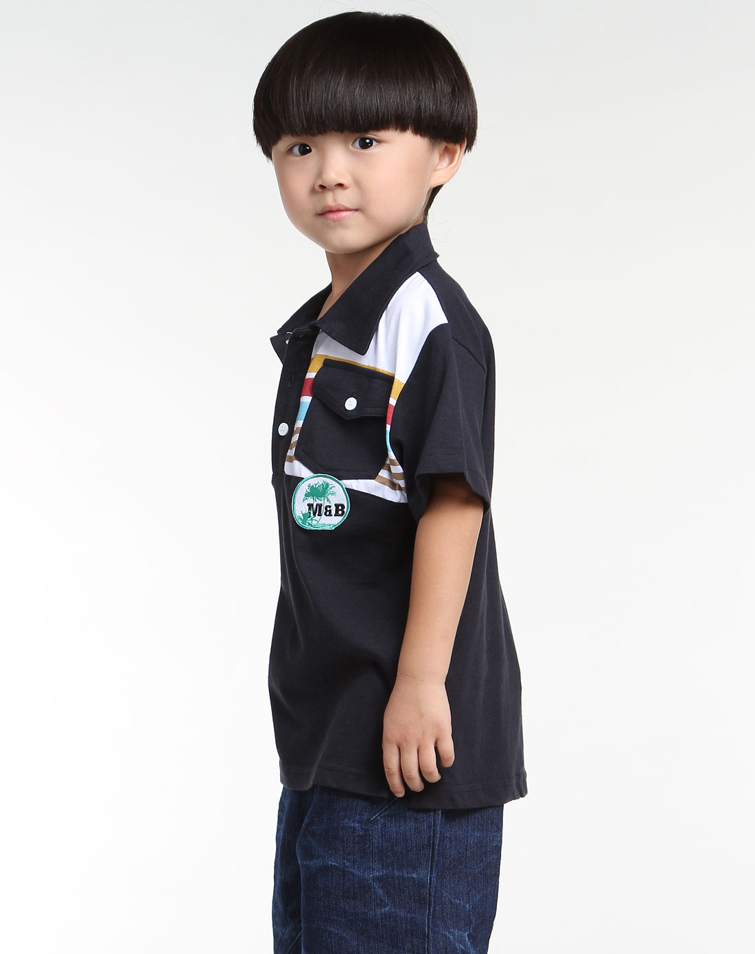 西瓜太郎melonboy男童宝蓝色时尚翻领短袖t恤