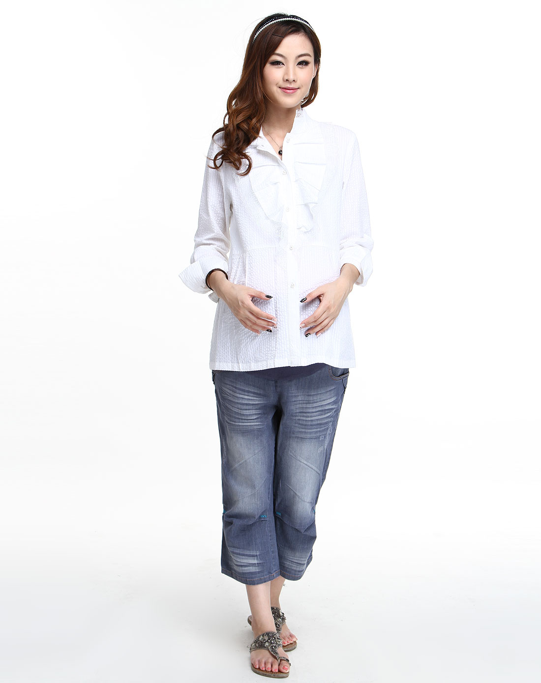 今生宝贝kissbb孕妇女装专场米白色个性时尚孕妇长袖上衣