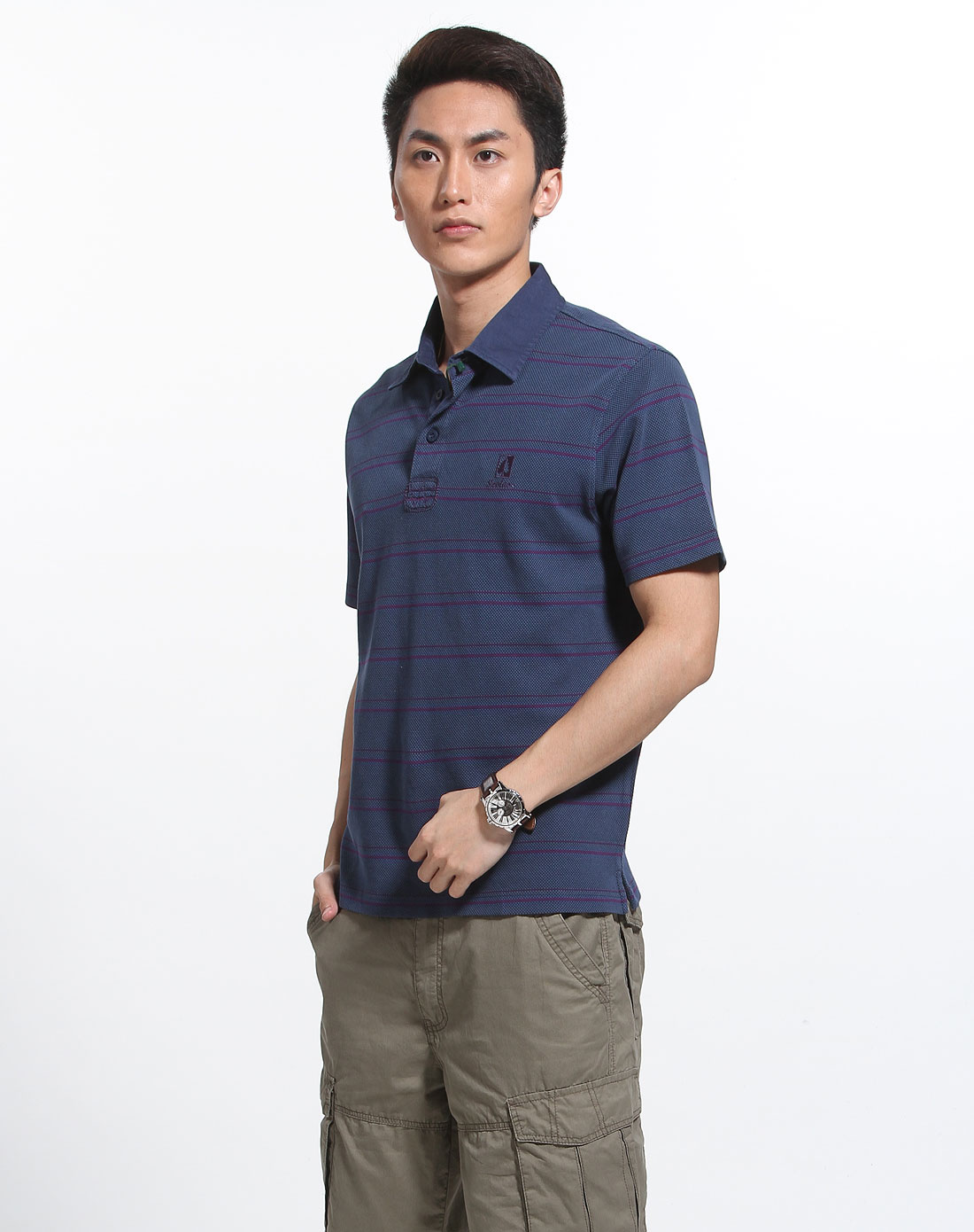 圣弗莱sevlae男装专场宝蓝色翻领条纹短袖t恤