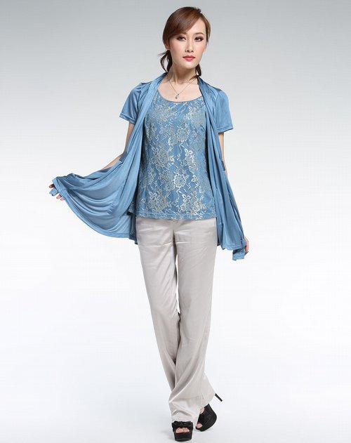 应大yingdak女装专场蓝色时尚假两件套短袖上衣