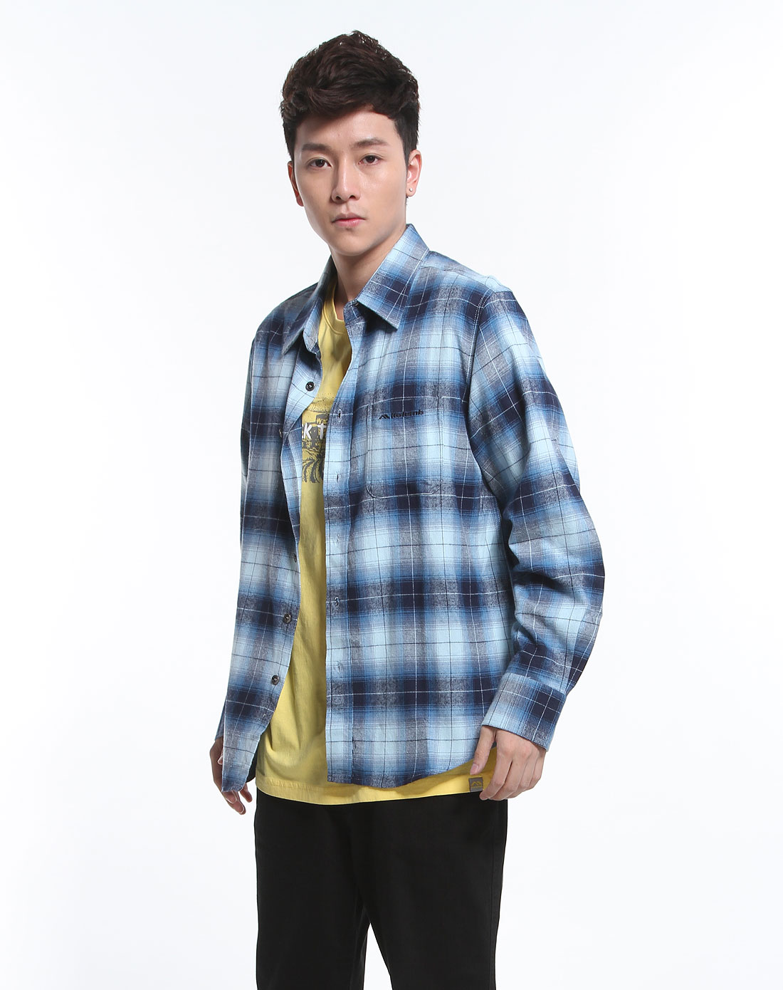 哥仑步kolumb男装专场男款蓝色时尚休闲格子长袖衬衫