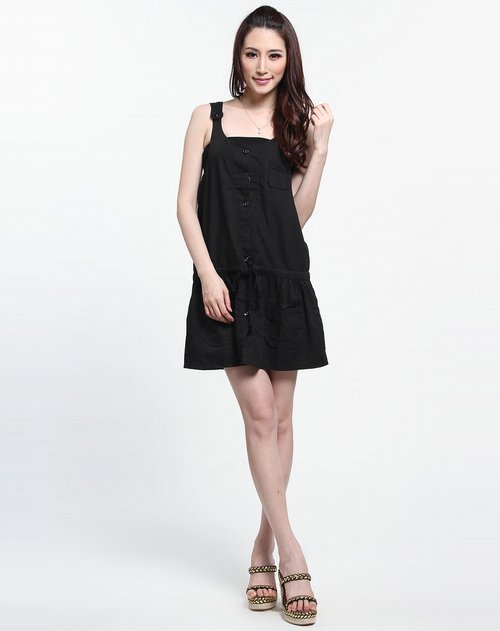 翌葳ivvi女装专场黑色扣钮收腰无袖连衣裙
