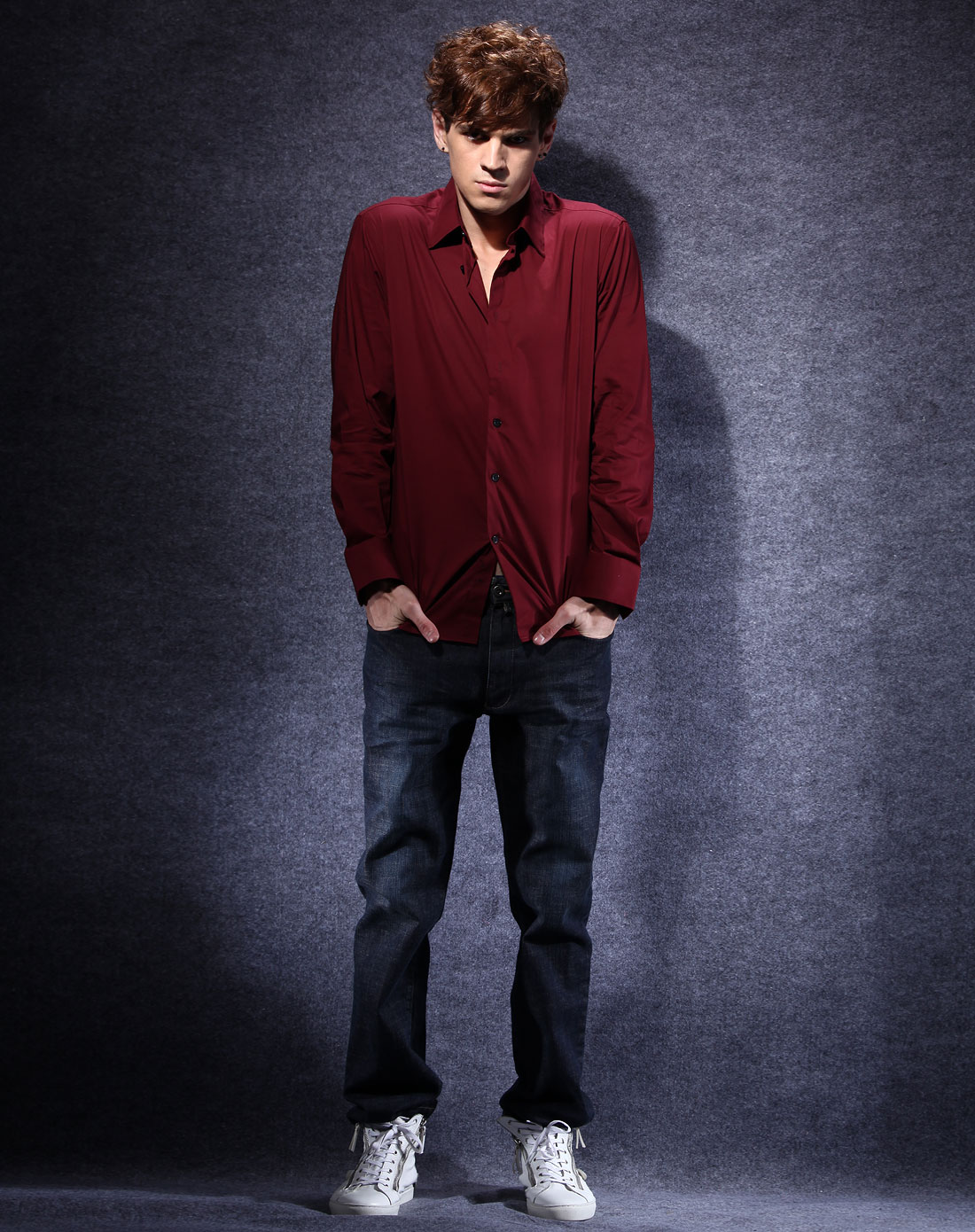 design corner男装专场栗红色优雅长袖衬衫