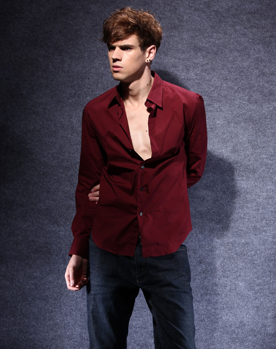 design corner男装专场栗红色优雅长袖衬衫
