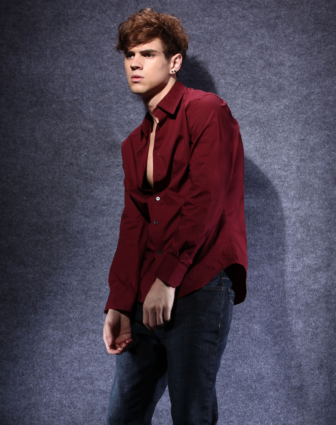 design corner男装专场栗红色优雅长袖衬衫