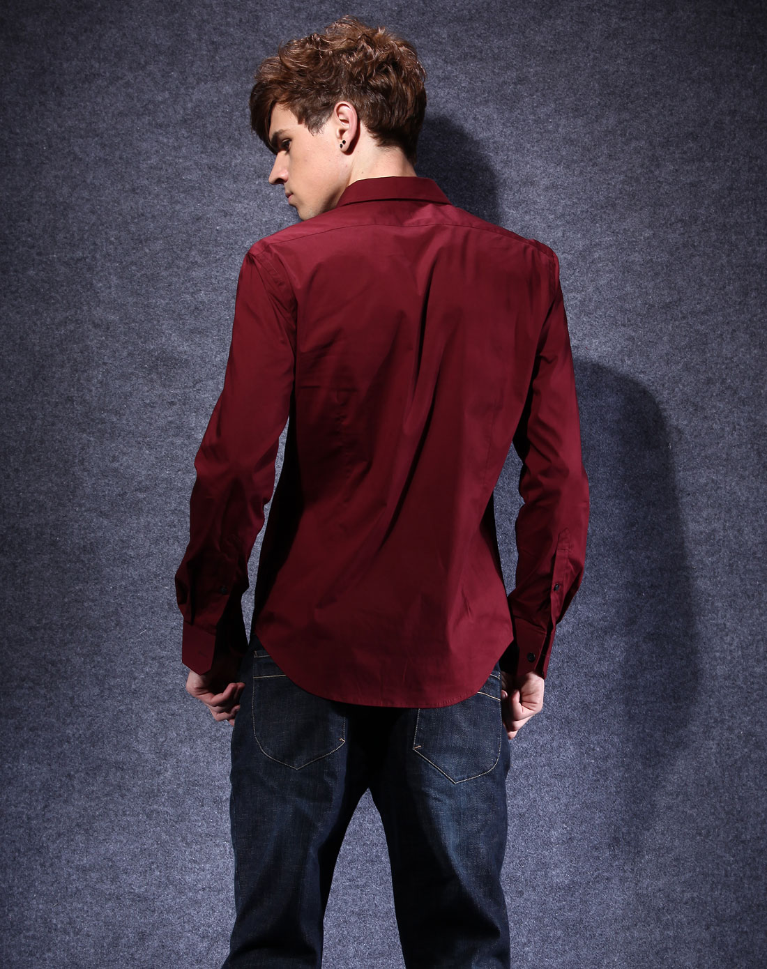 design corner男装专场栗红色优雅长袖衬衫