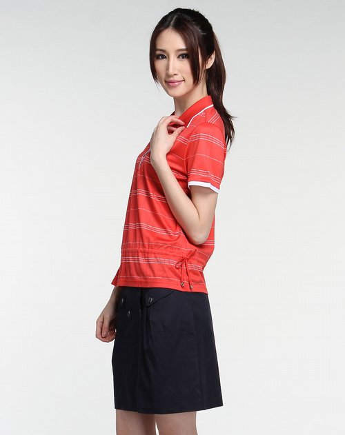 比音勒芬女装专场女款红色间条休闲短袖t恤
