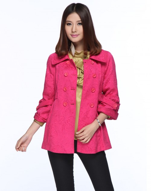 茜茜薇恩s.s.vivian深桃红色翻领提花中袖外套