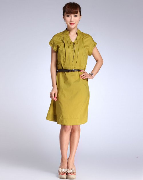 艾维ivy/kki女装专场绿色简约休闲短袖连衣裙