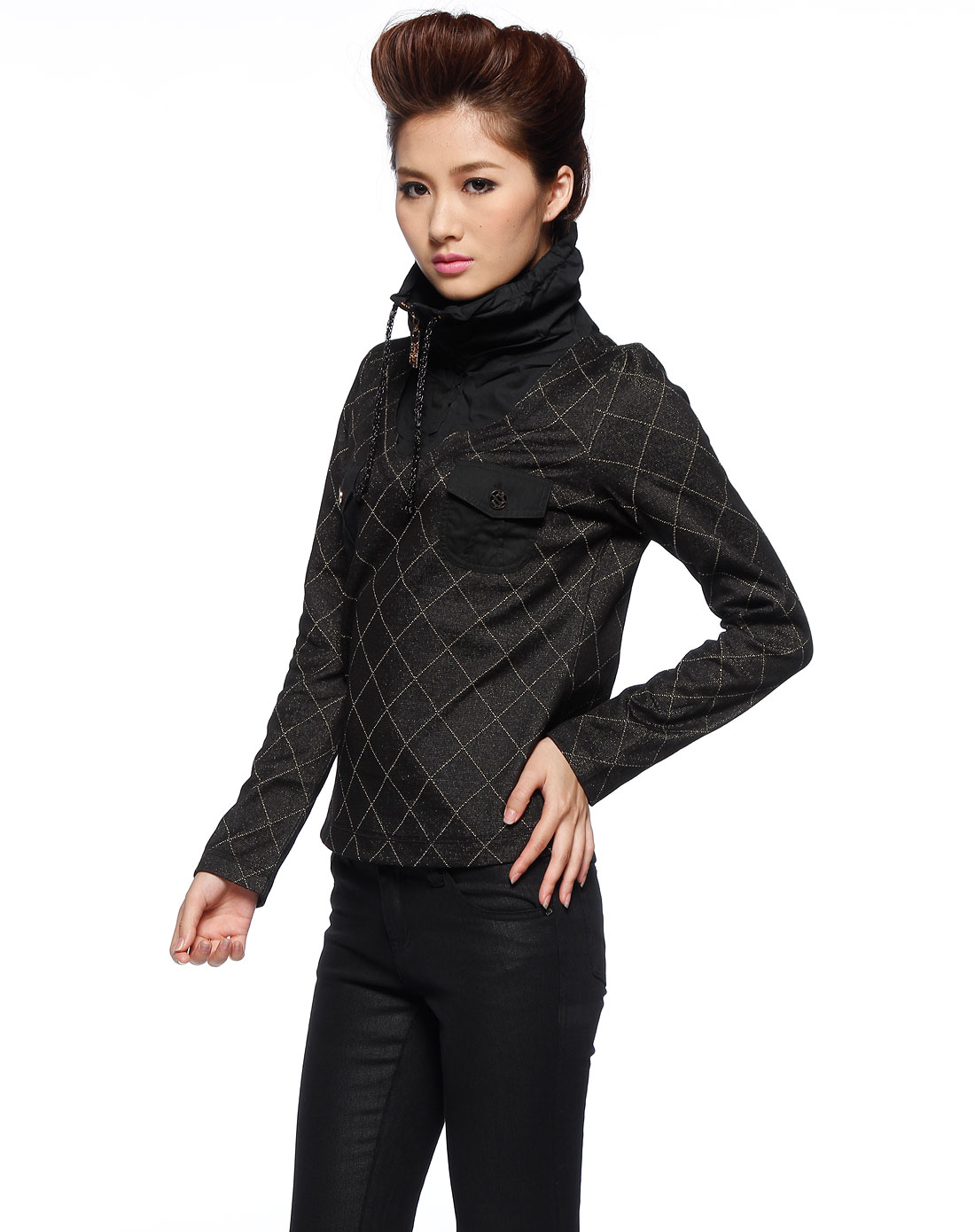 黑/金色菱形纹翻领长袖上衣_摩卡奴mocano官网特价1.