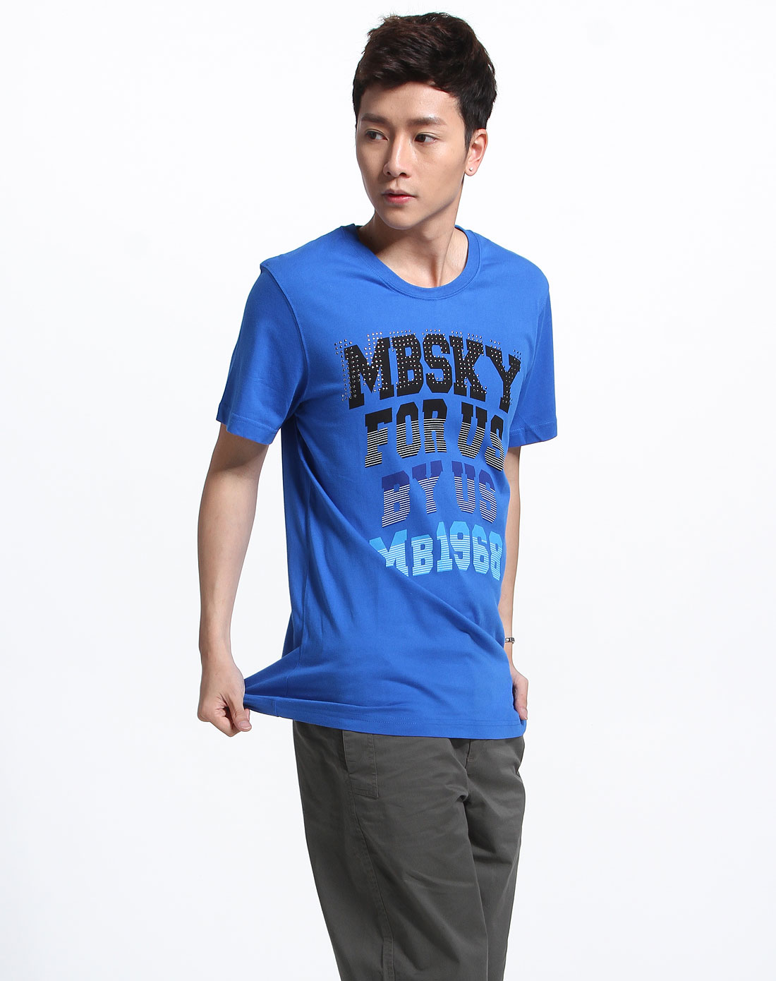 蓝色天空mbsky男装专场-蓝色圆领印花短袖t恤