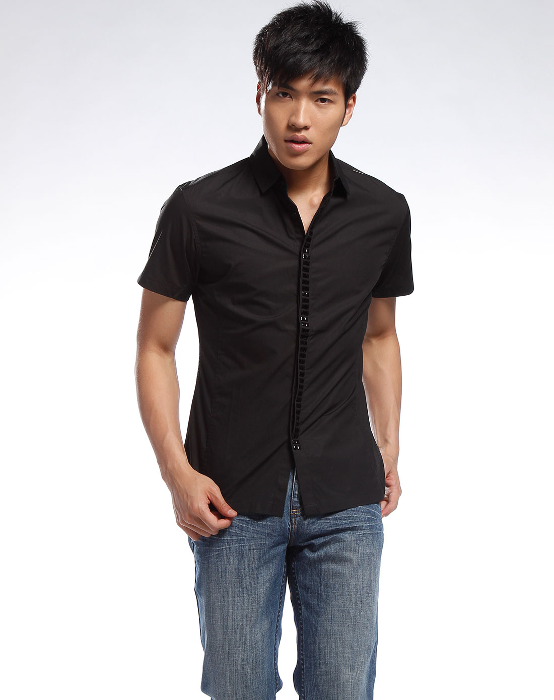 男装混合专场卡宾cabbeen 黑色休闲短袖反领衬衫2