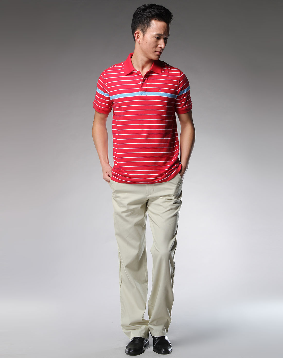 ucla男装专场-红/白/蓝色细条纹短袖polo衫