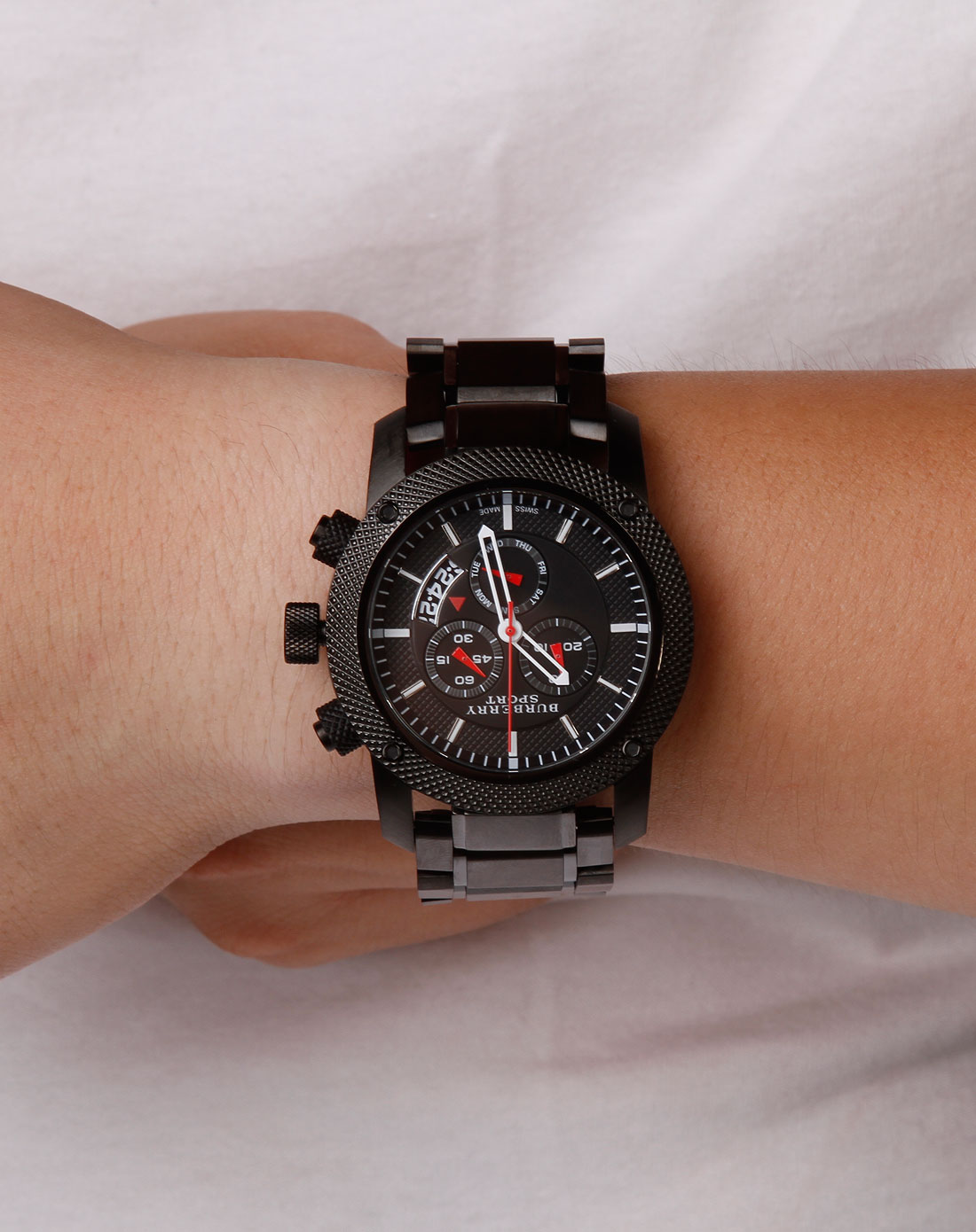 巴宝莉burberry手表专场男款英伦风情sport系列黑钢计时石英手表黑色