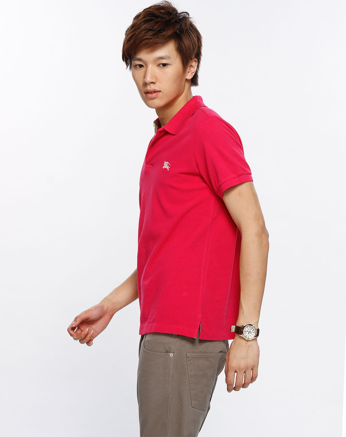 巴宝莉burberry男款玫红色时尚短袖翻领t恤1