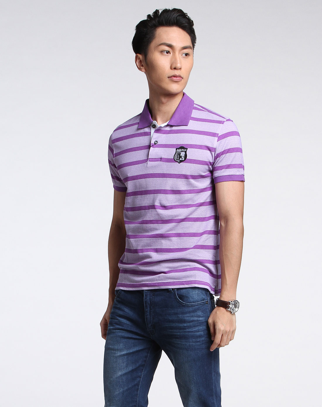 紫色时尚条纹翻领短袖t恤