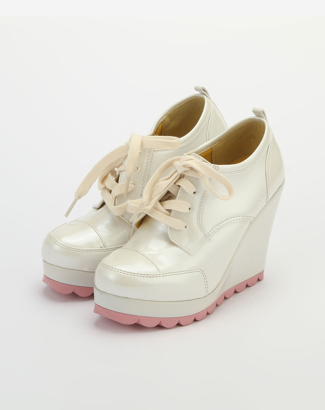 pinkyrose米白色系带时尚坡跟鞋