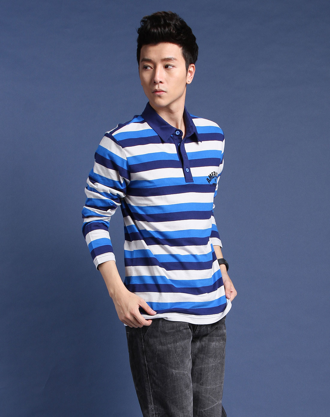 卡丹路cardanro休闲男装专场水纹蓝色翻领条纹长袖t恤