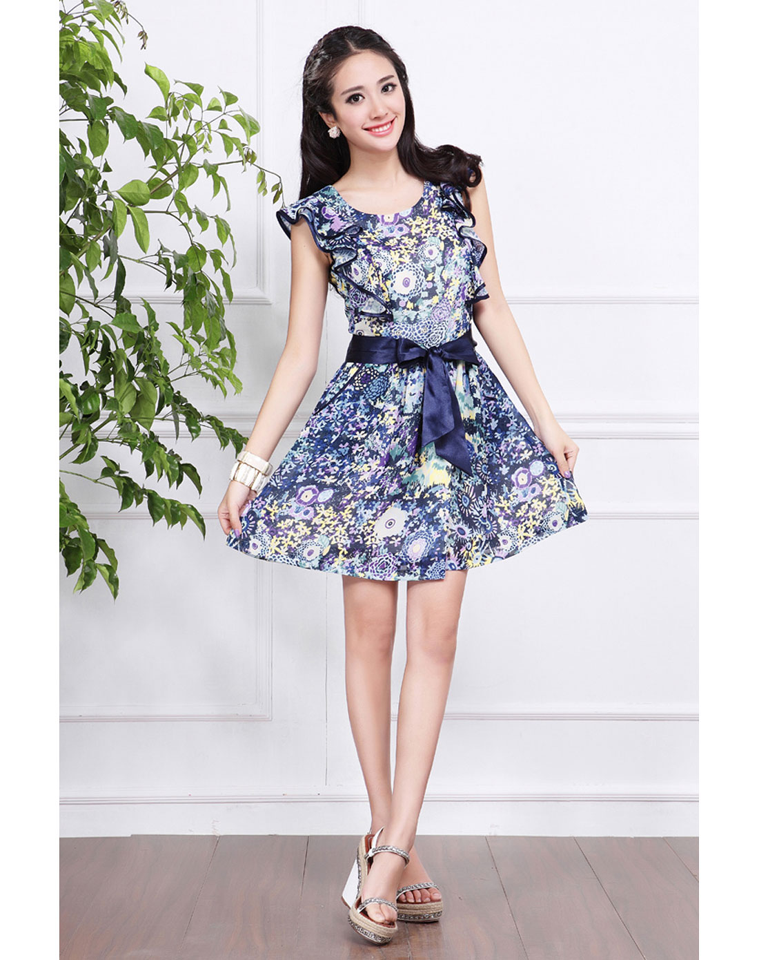 秋水伊人女装专场-蓝色休闲无袖连衣裙