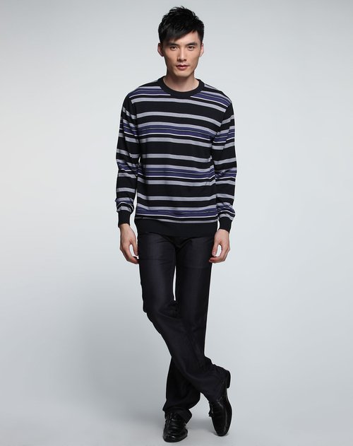 宾度j.benato男装专场蓝黑色休闲条纹长袖针织衫