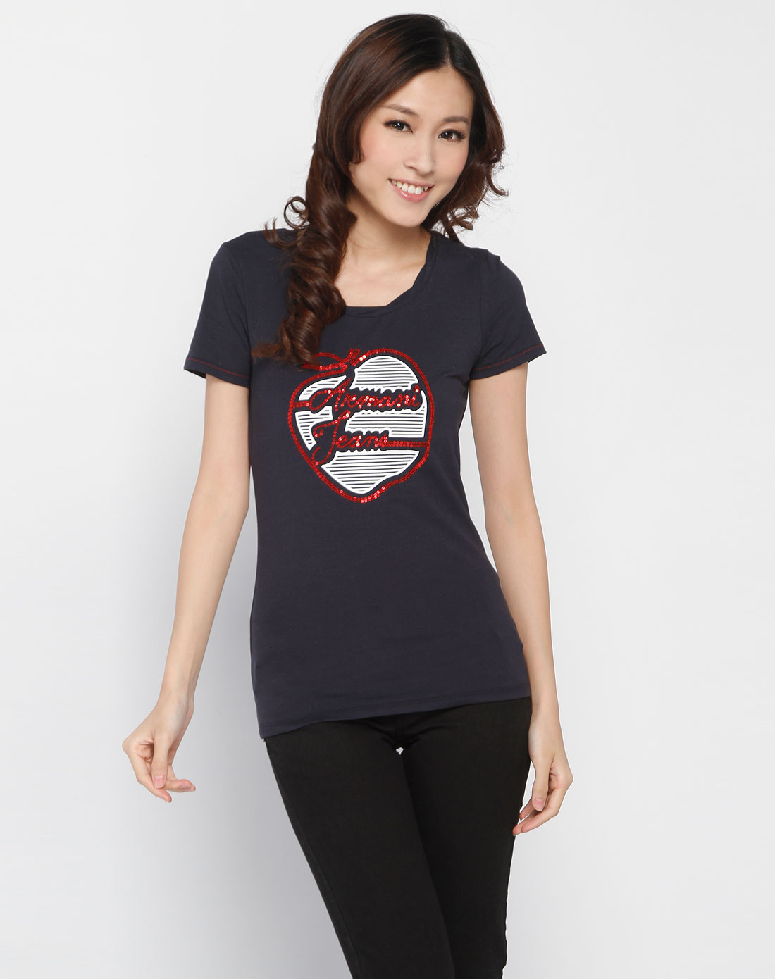 armani-女士aj女款深蓝色珠片印花短袖t恤