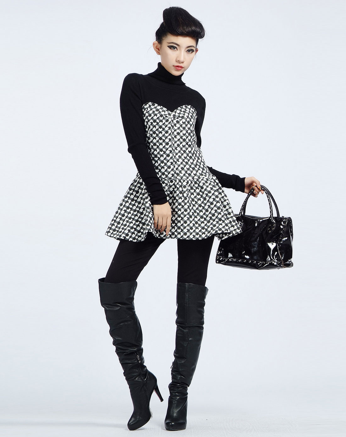贝茜bessie女装专场-女款黑格子高领毛衣拼接修身连衣裙