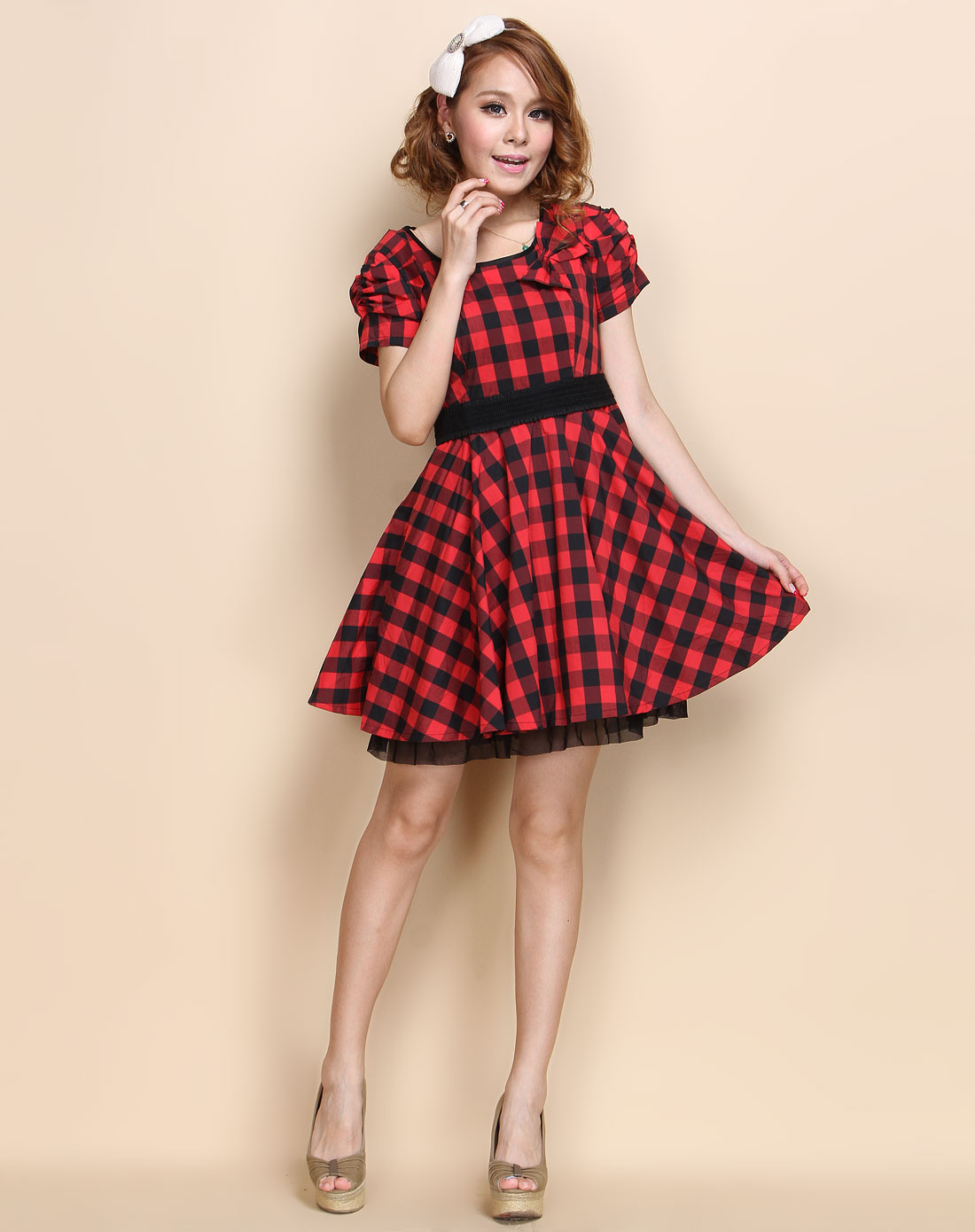 衣香丽影 / 红色格子时尚短袖连衣裙