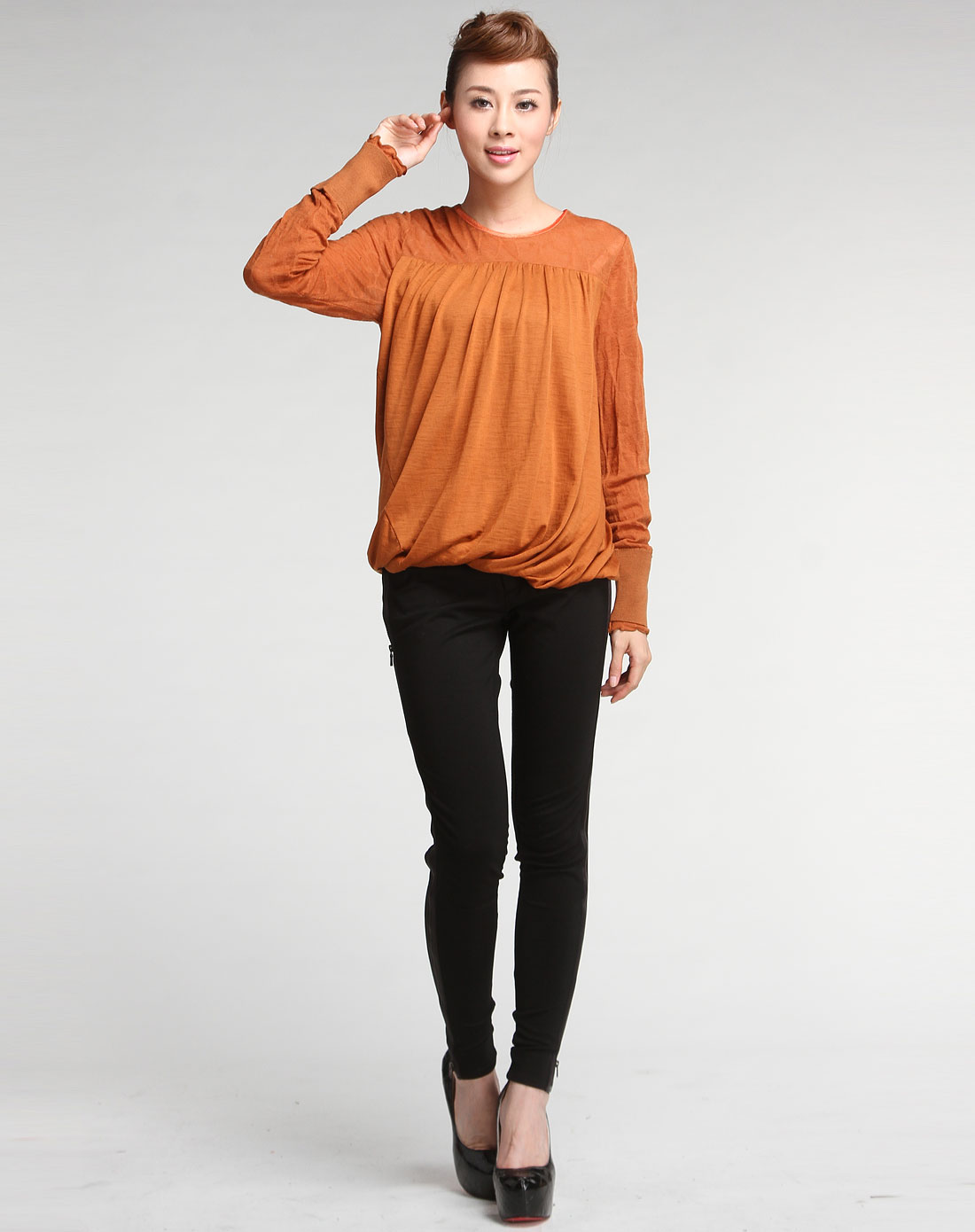 尹默immobile女装专场-暗橙色圆领长袖针织衫