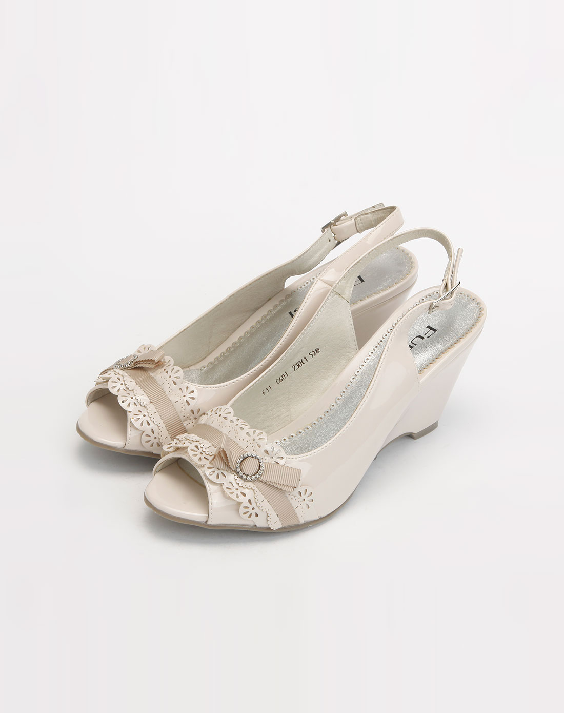 furuisi米白色花边鱼嘴坡跟鞋