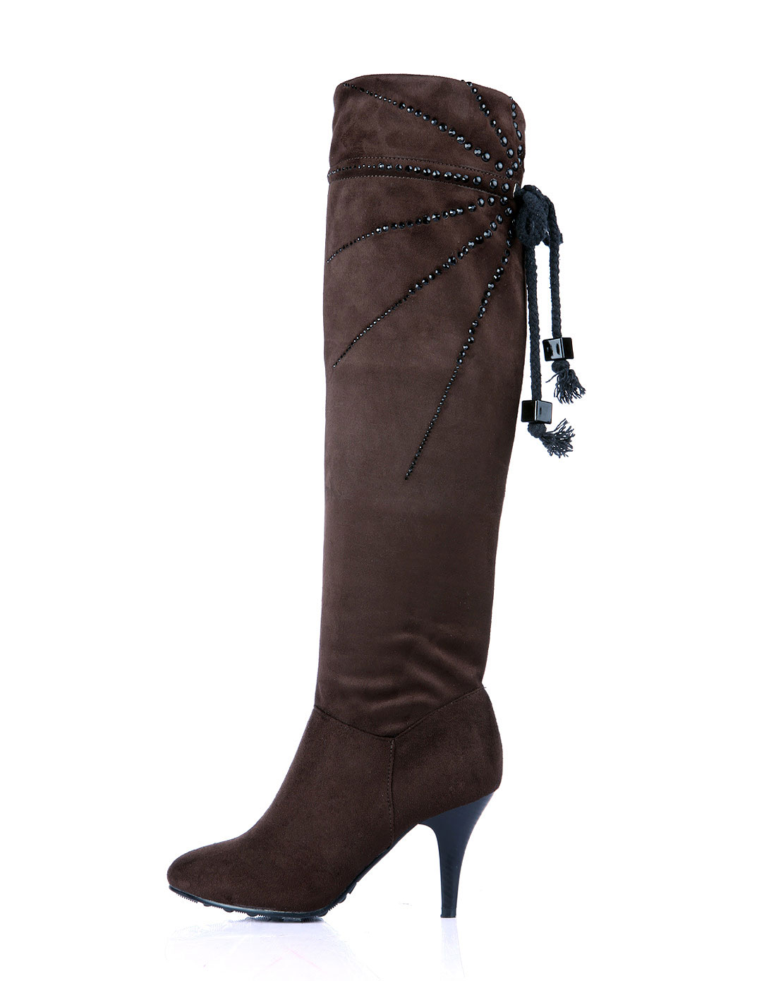 女款棕色进口烫水钻系带高跟长款弹力靴